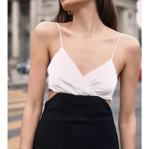 Zara Two Toned Cut Out Midi Dress NWT Black White Size Medium - Picture 6 of 13